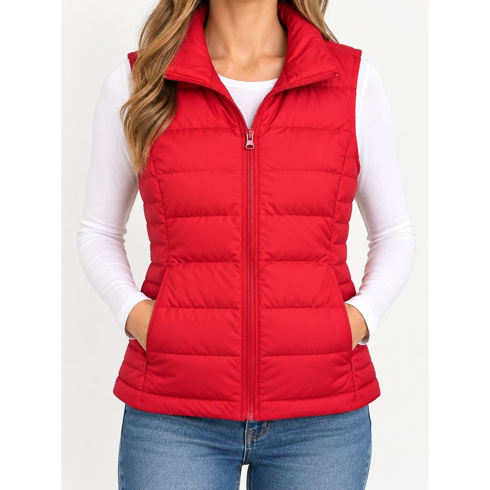 Lands' End Red Puffer Vest Quilted Zip Up Sleeveless Jacket Womens Medium 10-12